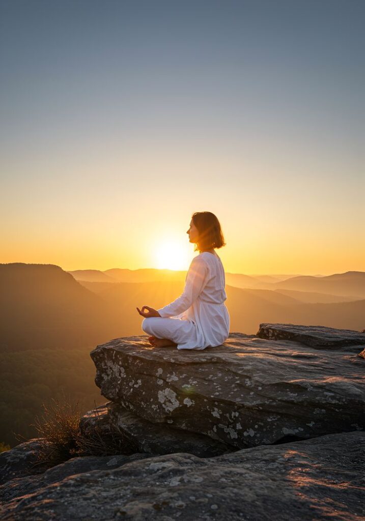 peaceful meditation on a cliff during sunrise